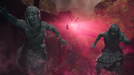Dragon's Dogma 2 gorgon battle, with two heroes being turned to stone