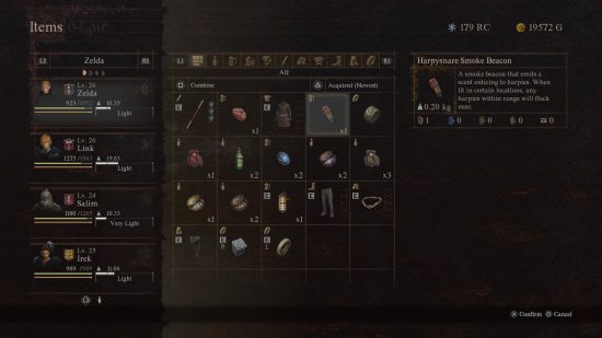 a harpysnare beacon in the player inventory in dragons dogma 2
