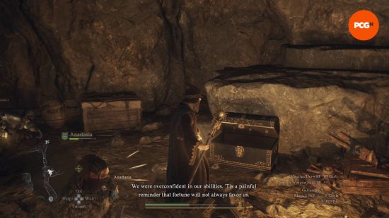 The Arisen is standing next to the black chest that contains the item needed to unlock the Dragon's Dogma 2 Sorcerer vocation.