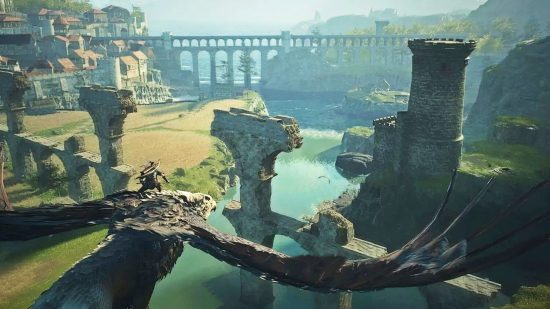 Dragon's Dogma 2 map: The Arisen crouches on the back of a griffin as it swoops low through Vermund, taking in the sights of its green lands and bridges.