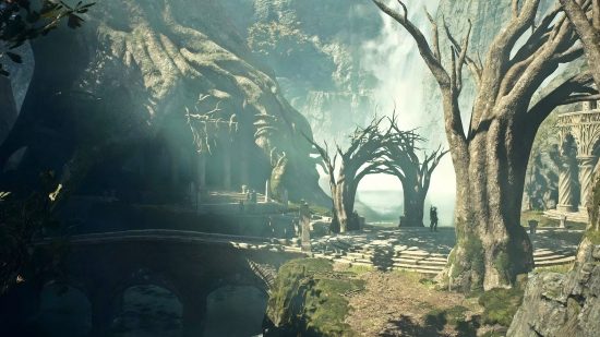 Dragon's Dogma 2 map: The Sacred Arbor, characterized by intricate stone structures built into the undergrowth.