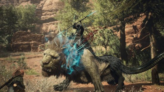 Dragon's Dogma 2 missions: A mystic spearhand rides a lion beast while maiming it with a spear