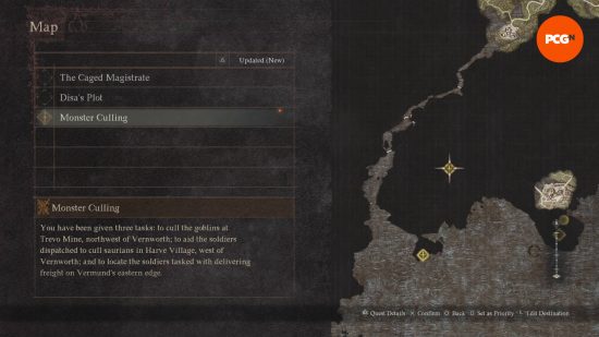 A map showing two of the three locations for the Dragon's Dogma 2 Monster Culling quest.