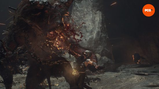 dragons dogma 2 stabbing a minotaur with mountain breaker