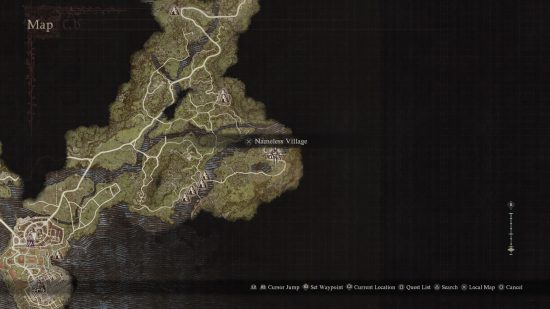 a map showing the location of the nameless village in dragons dogma 2