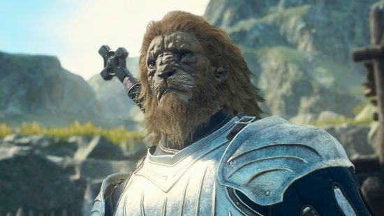 Dragon's Dogma 2 nation of the lambent flame quest guide: a beastren lion stands in plated armor with a sword on his back