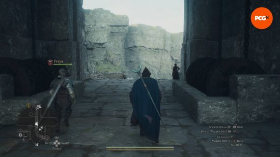The Arisen and his pawn are passing through the Battahli border in Dragon's Dogma 2 Nation of the Lambent Flame quest.