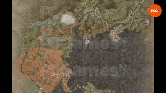 A map with an orange line showing the route you need to take to safely make it to Battahl in the Dragon's Dogma Nation of the Lambent Flame quest.