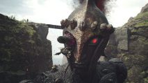 Dragon's Dogma 2 offline mode: the Arisen fights a large stone head with red glowing eyes