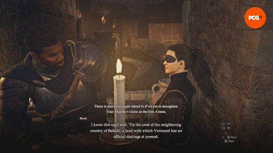 Dragon's Dogma 2 review: the Arisen talking to an armored NPC in a bar.