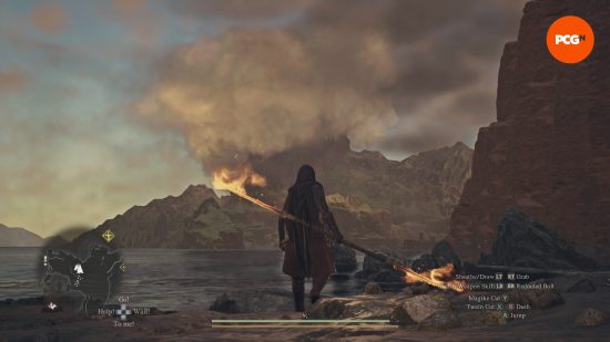 Dragon's Dogma 2 review: the Arisen exploring the coastline while wielding a giant, flaming spear.