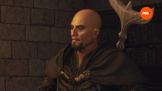 an image of bald sorcerer maister lennart in dragons dogma 2