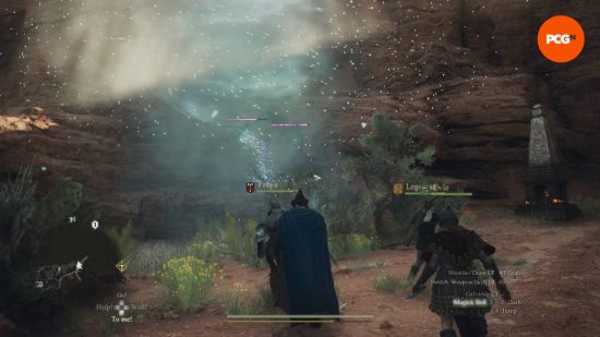 The Dragon's Dogma 2 Sorcerer Arisen and his three pawns fighting against some harpies in the middle of the desert.
