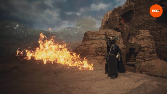 The Salamander Dragon's Dogma 2 Sorcerer skill blazes the ground with flames.