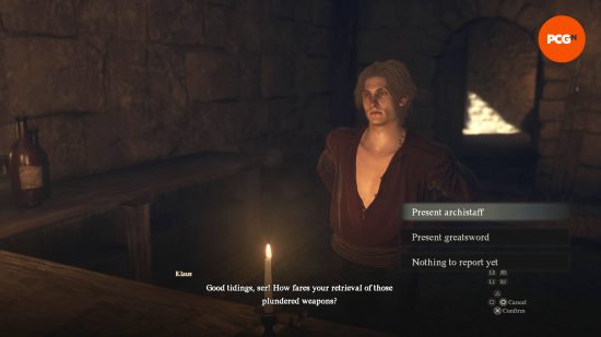 Klaus, a guildmaster, is looking for archistaves and greatswords in order to unlock the Dragon's Dogma 2 Sorcerer vocation.