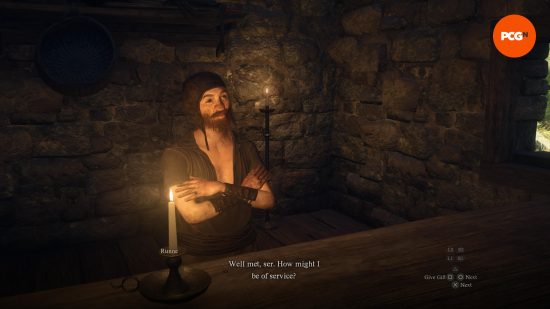 A medieval shopkeeper stands behind a bar, from Dragon’s Dogma 2.
