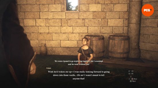 A young girl is talking to the Arisen inside a temple during Dragon's Dogma 2 The Heel of History quest.