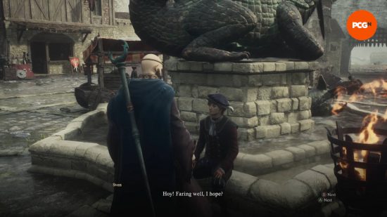 The Arisen is talking with Sven near a fountain to get Courtly Clothes in Dragon's Dogma 2 The Stolen Throne quest.