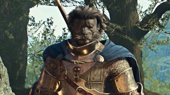 A Beastren Pawn clad in heavy armor with a greatsword strapped to his back, the standard equipment for a Dragon's Dogma 2 Warrior.