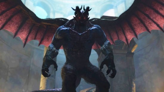 A hulking gargoyle creature with huge bat wings stands in a round room, looking down