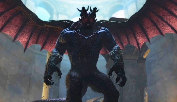 A hulking gargoyle creature with huge bat wings stands in a round room, looking down