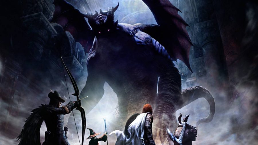 Dragons Dogma Dark Arisen: A huge gargoyle creature looks down on a group of four fighters