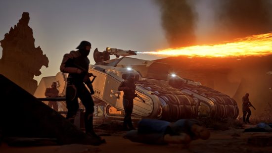 Dune Awakening preview: a tank spews flames from its turret.