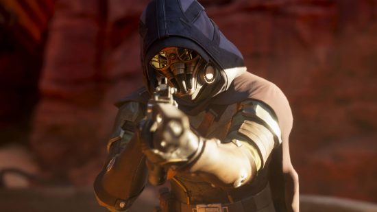 Dune Awakening fixes the worst survival game mechanic, at a cost: A hooded figure wearing a gas mask raises a gun at the camera