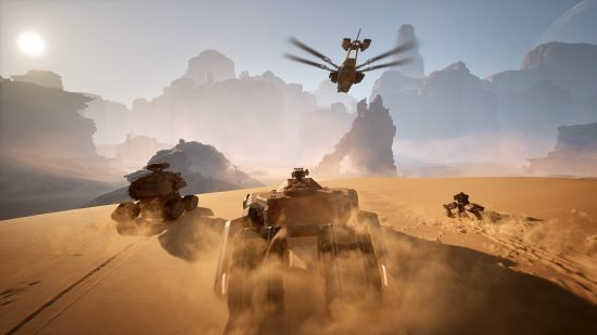 Dune Awakening: drei Bodenfahrzeuge und ein libellenähnliches Luftfahrzeug in der Wüste.