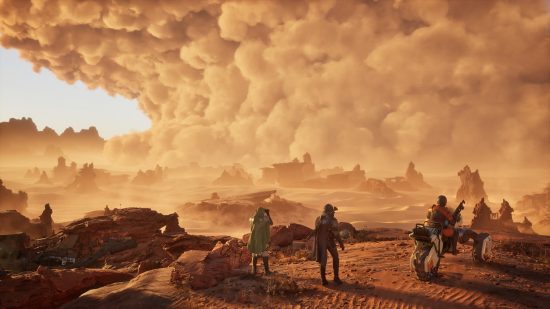 Dune Awakening preview: a group of travelers look on at an approaching sandstorm.