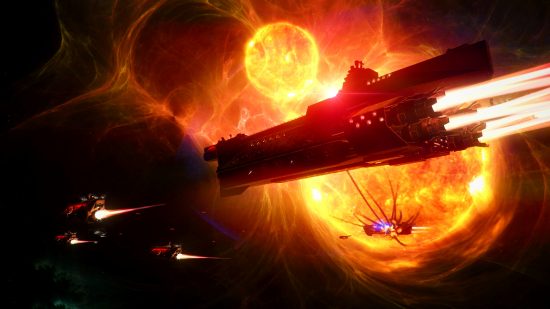 Endless Space 2 - Three ships fly past giant, burning stars in space.