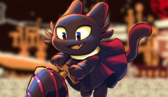 Everdeep Aurora Steam GDC: a cartoon black cat with a smile, holding a drill