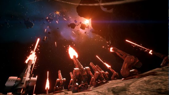 Everspace 2 Incursions - A cluster of sticky turrets firing into space.