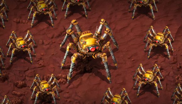 Factorio qulaity of life: a robot spider drone with one big red light for an eye