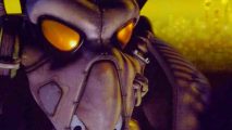 Fallout 2 free game: an old school looking metal armor helmet with big yellow eyes