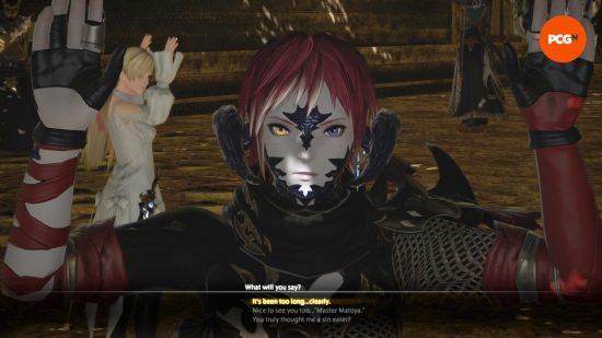 FF14 Dawntrail interview - A Warrior of Light (the player character) is presented with three possible dialogue options to choose from.