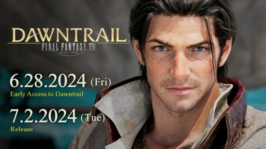 FF14 Dawntrail release date - Graphic showing the Warrior of Light next to the early access and full launch dates for the FFXIV expansion.