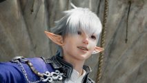 FF14 Yoshida stress free: a white haired elf boy in a blue coat on a boat
