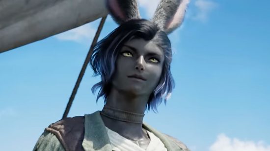 Final Fantasy 14 Dawntrail pre-orders: a bunny man on a ship, with dark onyx skin