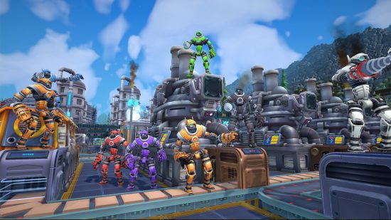 Fecha de lanzamiento de Foundry fijada para el juego de construcción de fábricas Sandbox de Steam Early Access: varios robots de colores brillantes bailan en medio de una gran línea de producción al aire libre.