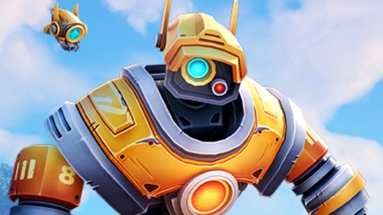 New sandbox building game Foundry sets Steam Early Access date - A yellow robot with a little drone floating over its shoulder.