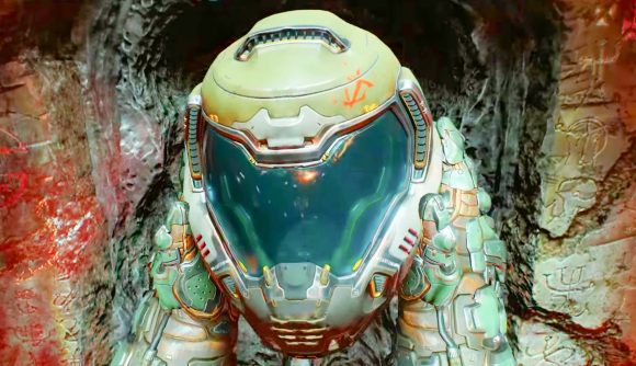 30 years of FPS history discounted to less than $30 on Steam: A green space helmet, worn by the protagonist of Doom.