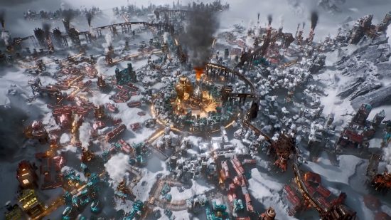 Frostpunk 2 release date: An overhead view of a typical industrial city in Frostpunk 2, frostbitten and sustained by vast energy plants.