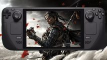 Ghost of Tsushima key art showing Jin Sakai grasping a mask with a Steam Deck overlayed