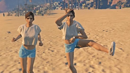 A character in GTA 5 performs popular Fortnite animations, made possible with a GTA 5 mod.