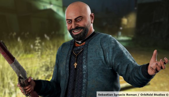 The Half-Life 2 RTX version of Father Grigori, smiling manically and wielding a shotgun (left), against a blurred background of Ravenholm
