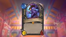 Exclusive Hearthstone card reveal - meet the new Rogues: A blank Hearthstone card with a woman crouching, wearing a purple outfit and a black face mask on a blue background
