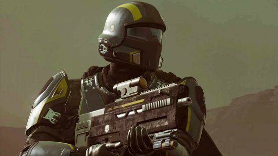 A closeup of a Helldivers 2 solider with their weapon ready to use