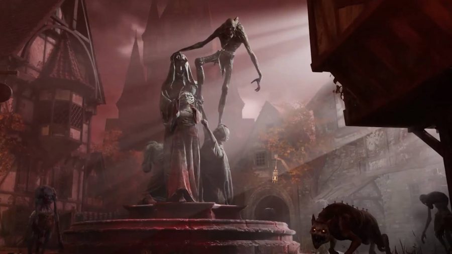 Hordes of Hunger: A huge, scrawny monster stands on a ruined statue, holding onto its head, looking out over a bloodstained, abandoned town square area