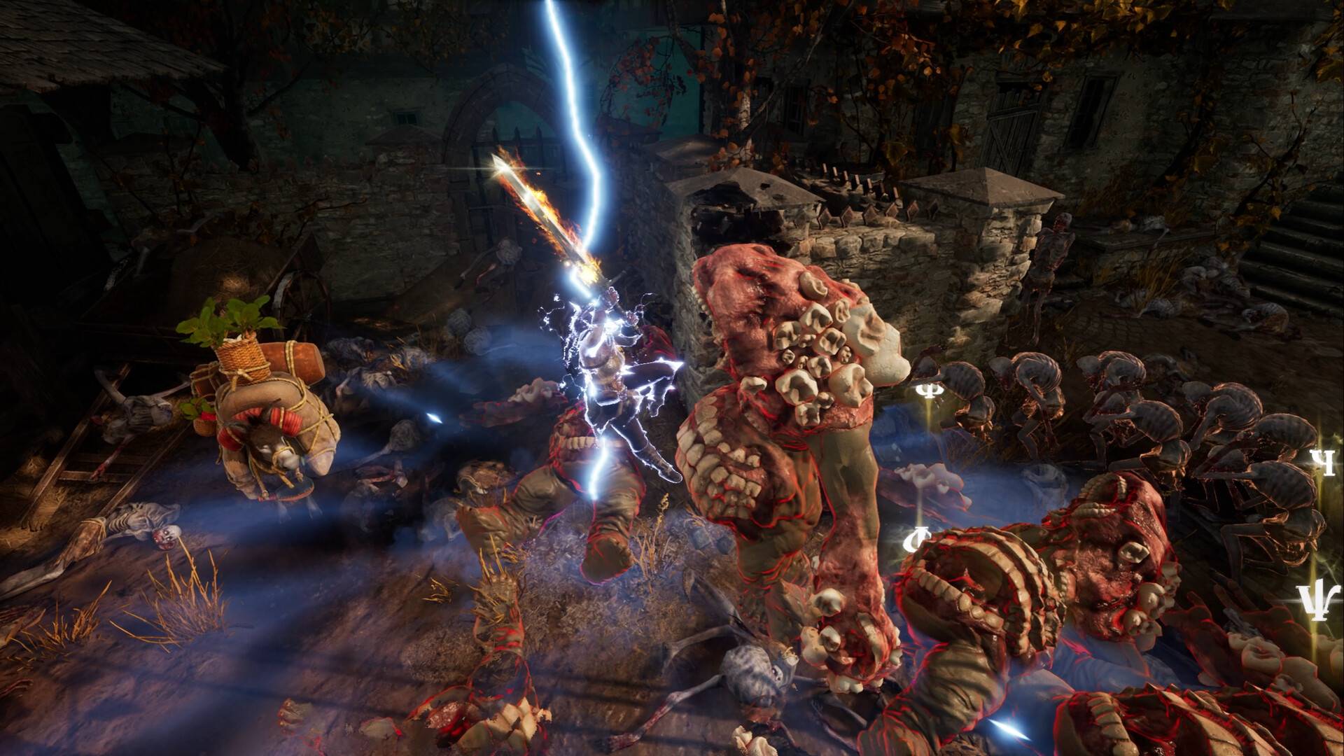Dark Souls und Hades vereinen sich in einem blutigen neuen Steam-Roguelike: Ein Spielbild einer Frau, die ein Schwert auf eine riesige, schrecklich aussehende Mutantenkreatur niederschlägt